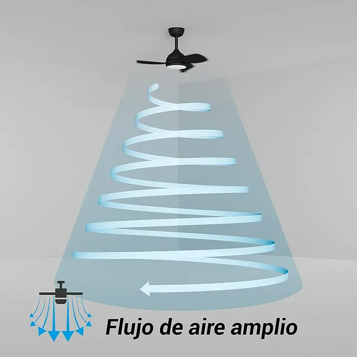 Sulion Ventilador de techo Menfis - Madera, 75 cm, 9 W - Ilustración de un ventilador de techo que demuestra un amplio flujo de aire a través de un diseño en espiral con el texto "Flujo de aire amplio".