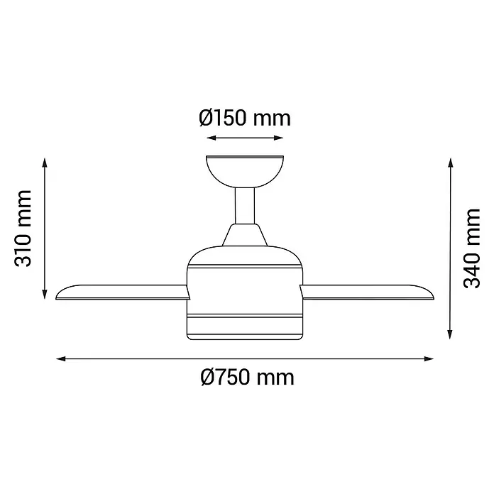 Sulion Ventilador de techo Menfis - Madera, 75 cm, 9 W - Ilustración de un ventilador de techo con dimensiones, destacando el tamaño del ventilador.