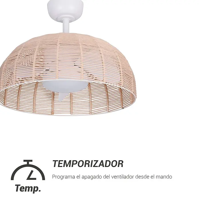 Sulion Ventilador de techo Atena - Beige, 55 cm, 10 W, Blanco cálido - Un primer plano de un ventilador de techo con pantalla de mimbre. La luz es cálida y acogedora.