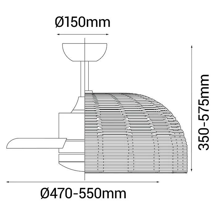 Sulion Ventilador de techo Atena - Beige, 55 cm, 10 W, Blanco cálido - Dimensiones del producto: El gráfico muestra las dimensiones del producto, con un rango de altura de 225-235 mm y un rango de anchura de 610-630 mm.
