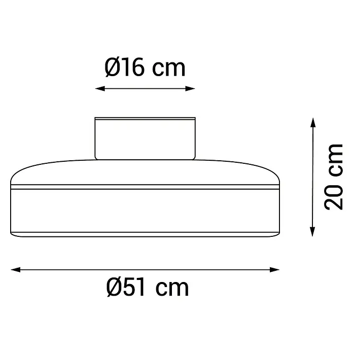 Sulion Ventilador de techo Leaf - Madera, 50 cm, 26 W, Blanco cálido - Dibujo técnico de una lámpara de techo con dimensiones: diámetro 16 cm (superior), diámetro 51 cm (inferior) y altura 20 cm.
