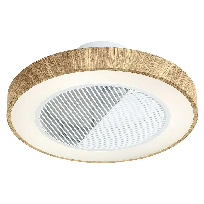Sulion Ventilador de techo Leaf - Madera, 50 cm, 26 W, Blanco cálido - Un ventilador de techo redondo con textura de madera e iluminación LED integrada proporciona aire fresco y luz brillante en la habitación.