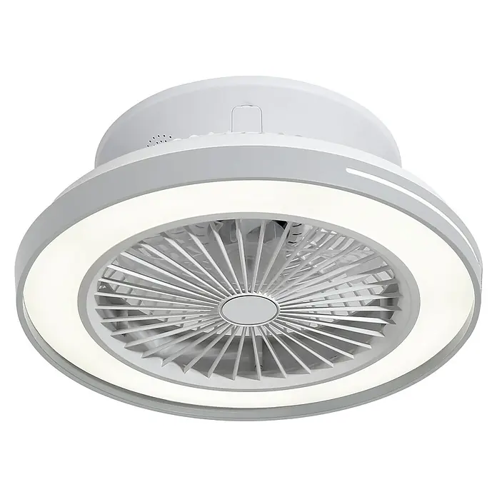 Sulion Ventilador de techo Robotto - Blanco, 48 cm, 20 W, Blanco cálido - Primer plano de un moderno ventilador de techo redondo con iluminación LED integrada y un acabado blanco sobre un fondo negro.