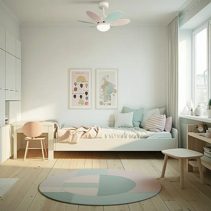 Sulion Ventilador de techo Menfis - Rosa/Azul pastel, 75 cm, 9 W - Ventilador de techo con aspas coloridas y luz integrada en una habitación infantil luminosa. Diseño moderno para un ambiente acogedor.