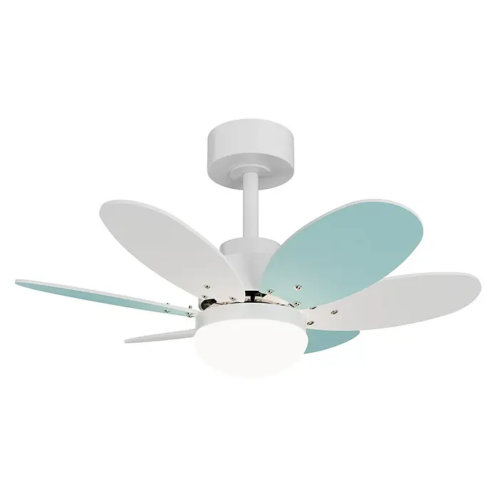 Sulion Ventilador de techo Menfis - Rosa/Azul pastel, 75 cm, 9 W - Lámpara de techo moderna con aspas blancas y azul claro y una lámpara redonda que emite una luz brillante.