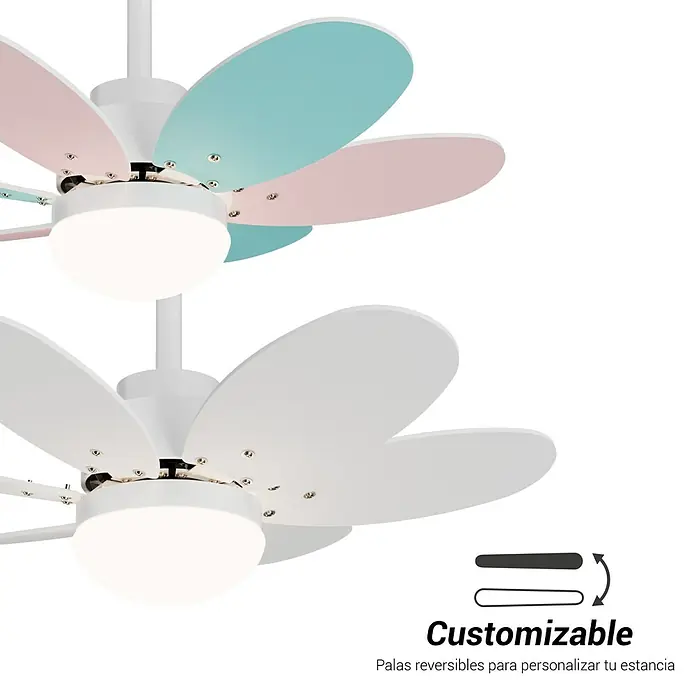 Sulion Ventilador de techo Menfis - Rosa/Azul pastel, 75 cm, 9 W - Ventilador de techo con forma de flor, ideal para habitaciones infantiles. Cuerpo blanco y palas multicolores aportan toques alegres a la estancia.