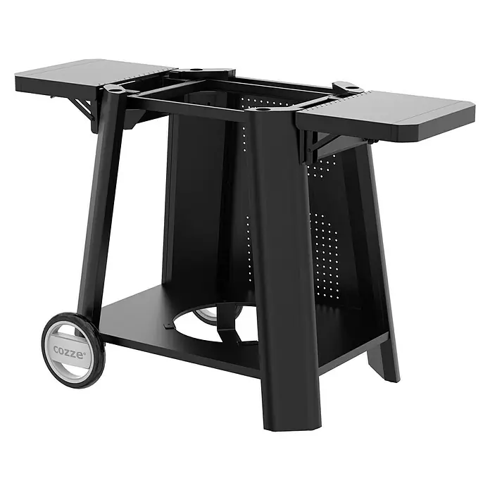 Cozze Rollwagen - B x T x H: 127 x 64,5 x 74,5 cm, Stahl, Schwarz, Passend für: Cozze 500er Grillserie - Der Cozze Ofenwagen in Schwarz bietet robuste Unterstützung und Funktionalität für Ihren Pizzaofen. Mit klappbaren Seitentischen und Rädern.