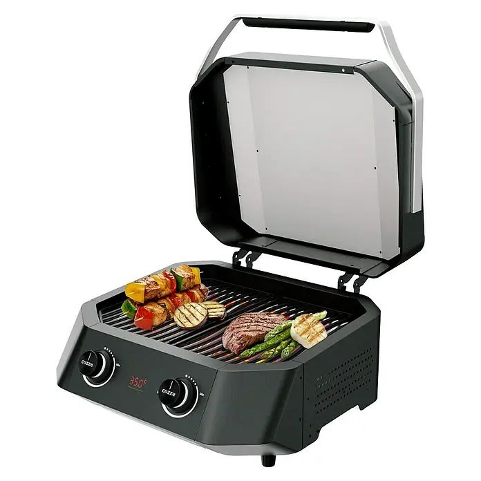 Cozze Elektrogrill E 500 - Grillfläche (B x T): 51 x 39 cm, 2,1 kW, Schwarz - Hier ist ein Grill, der mit Köstlichkeiten wie Spießen, Gemüse und Steaks beladen ist. Er ist bereit, ein kulinarisches Erlebnis zu bieten.
