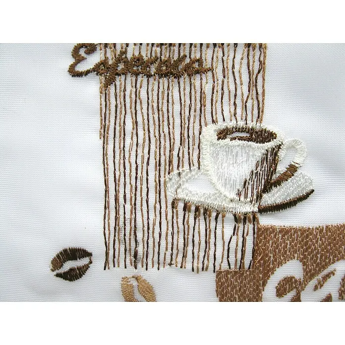Elbersdrucke Cafehaus-Gardine Café - 140 x 48 cm, 100 % Polyester, Braun/Weiß - Nahaufnahme einer gestickten Kaffeetasse mit der Aufschrift "Espresso", ideal für Küchendekor und Kaffeeliebhaber.