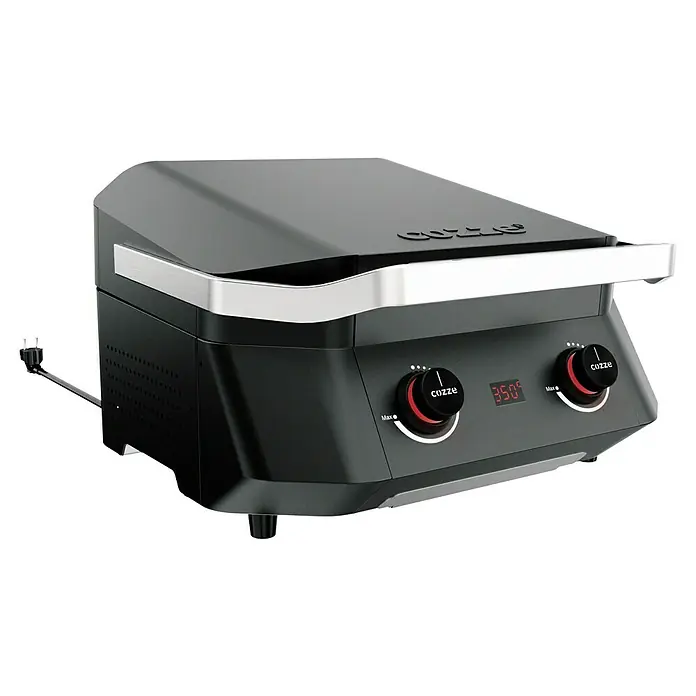 Cozze Elektrogrill E 500 - Grillfläche (B x T): 51 x 39 cm, 2,1 kW, Schwarz - Bild eines Cozze-Pizzaofens mit zwei Drehknöpfen zur Temperaturregelung und digitaler Temperaturanzeige.