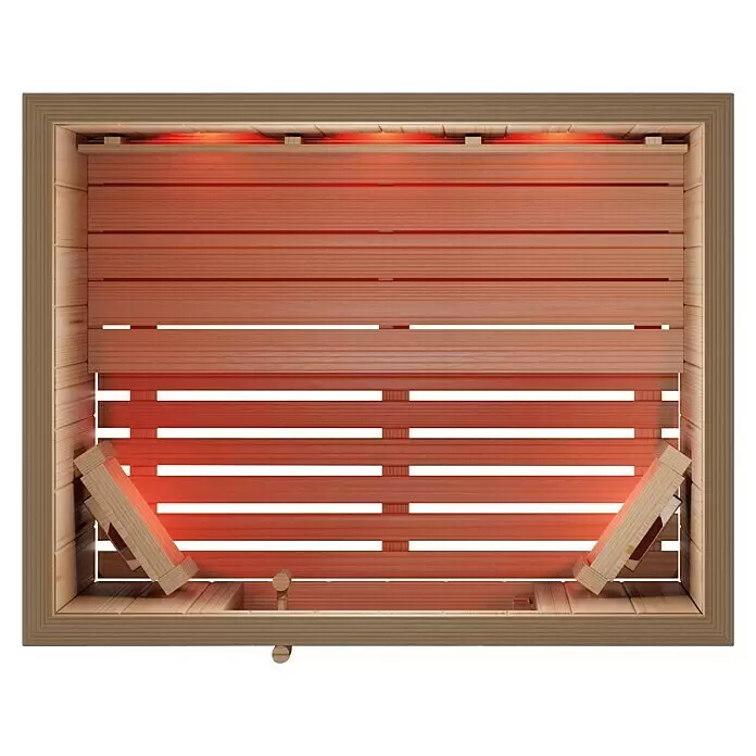 Eilo Infrarotkabine EL 731 - 102 x 132 x 198 cm - Draufsicht auf eine Infrarotsauna aus Holz mit Lattenbänken und rot glühenden Infrarotstrahlern.