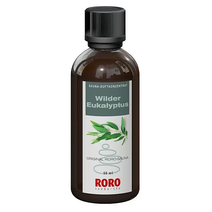 Eilo Sauna- & Dampfbadduft - Duft: Wilder Eukalyptus, 50 ml - Dunkelbraune RORO Flasche mit schwarzem Verschluss und weiß/grünem Etikett für 50ml Eukalyptus Sauna-Duftkonzentrat.
