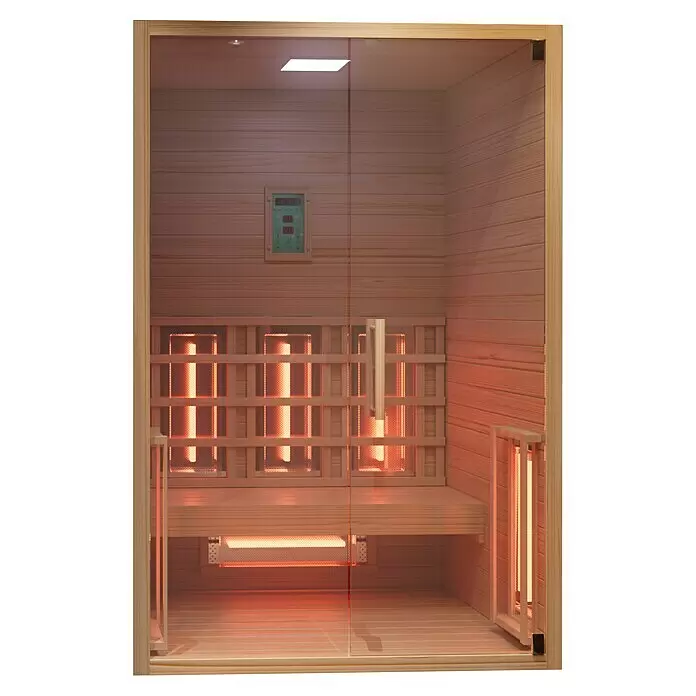 Eilo Infrarotkabine EL 732 - 102 x 131 x 198 cm - Infrarotsauna mit heller Holzinnenausstattung und durch die Glastür sichtbaren, glühenden Heizstrahlern.