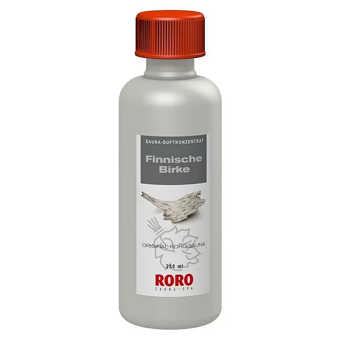 Eilo Saunaduft - Duft: Finnische Birke, 250 ml - Hellgraue Saunakonzentratflasche mit rotem Deckel, beschriftet mit 'Finnische Birke' und 'Roro Sauna Spa', 250 ml.