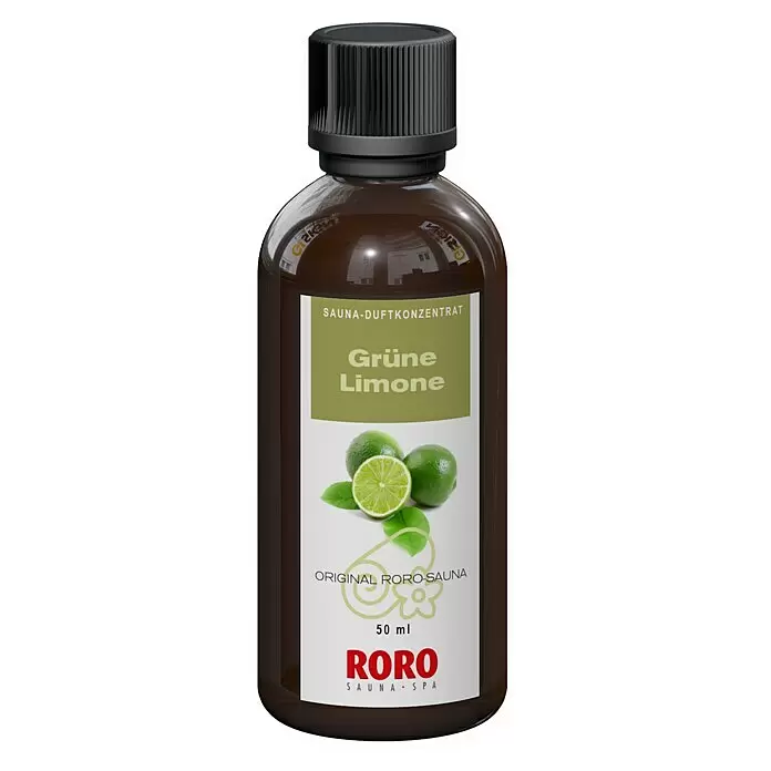 Eilo Sauna- & Dampfbadduft - Duft: Grüne Limone, 50 ml - Dunkelbraune 50ml RORO Sauna-Duftkonzentratflasche mit schwarzem Deckel, beschriftet mit 'Grüne Limone' und Limetten.