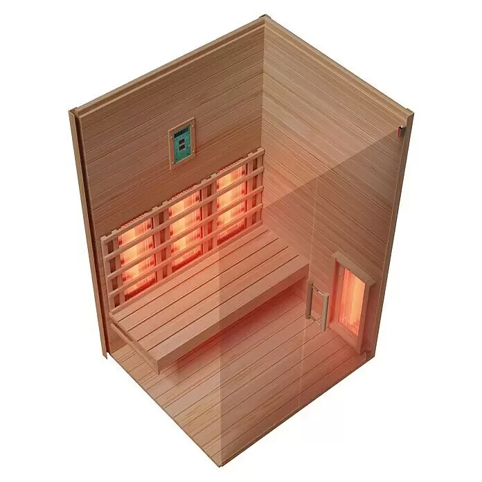 Eilo Infrarotkabine EL 732 - 102 x 131 x 198 cm - Innenansicht einer Infrarotsauna aus Holz mit Bänken, digitalem Bedienfeld und glühenden Infrarotstrahlern.