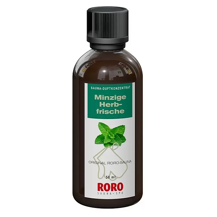 Eilo Sauna- & Dampfbadduft - Duft: Minzige Herbstfrische, 50 ml - Braune Flasche mit schwarzem Deckel, 50 ml RORO Sauna-Duftkonzentrat "Minzige Herbfrische" und Minzblättern auf dem Etikett.