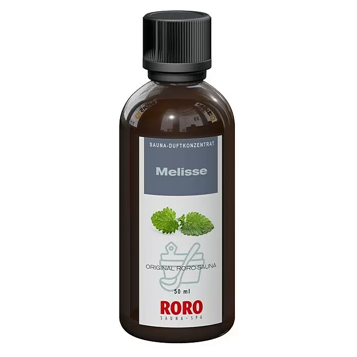 Eilo Sauna- & Dampfbadduft - Duft: Melisse, 50 ml - Dunkelbraune Flasche RORO Melisse Sauna-Duftkonzentrat (50 ml) mit schwarzem geripptem Verschluss.