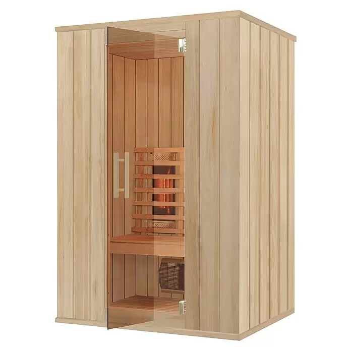 Eilo Infrarotkabine EL 731 - 102 x 132 x 198 cm - Moderne Infrarotsauna aus hellem Holz mit Glastür, Innenbank und sichtbarem Heizelement für das Wohlbefinden zu Hause.
