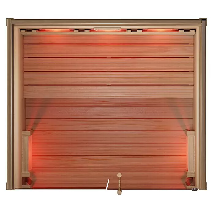 Eilo Infrarotkabine EL 732 - 102 x 131 x 198 cm - Infrarot-Sauna-Innenraum mit hellen Holzlamellenwänden und integrierten roten Strahlern.