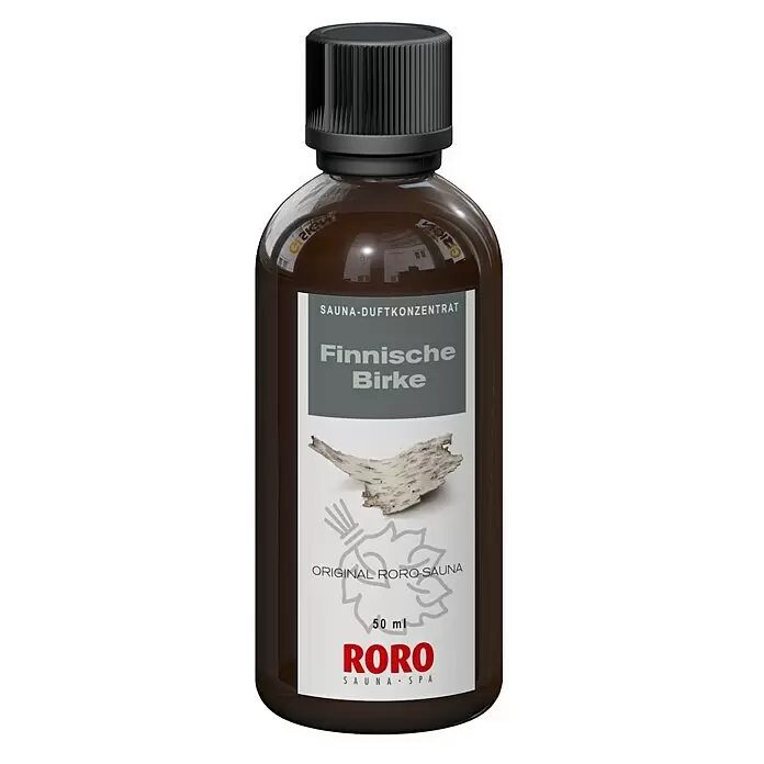 Eilo Sauna- & Dampfbadduft - Duft: Finnische Birke, 50 ml - Braune Flasche RORO Sauna-Duftkonzentrat, Duft Finnische Birke, mit schwarzer gerippter Kappe.
