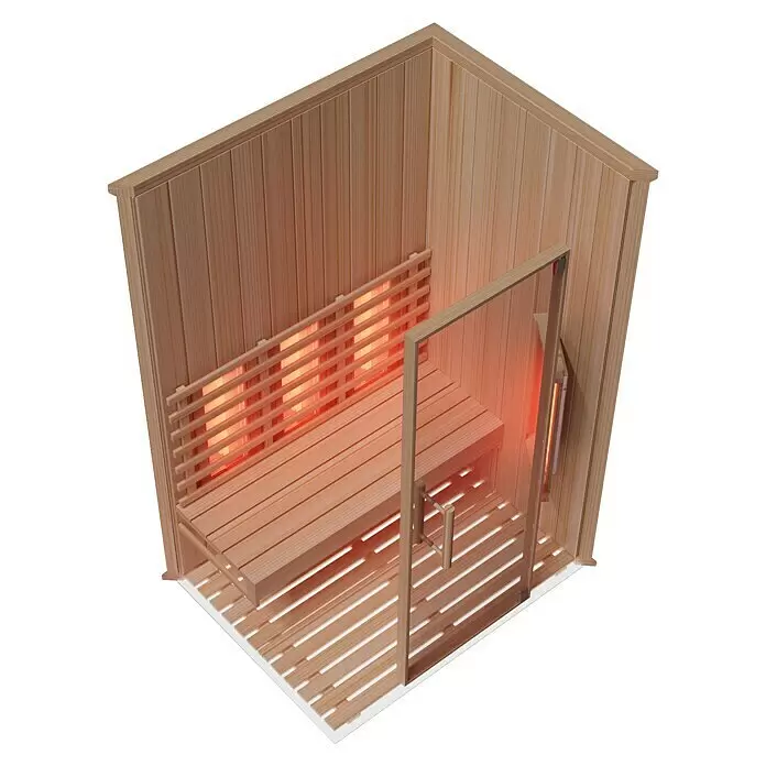 Eilo Infrarotkabine EL 731 - 102 x 132 x 198 cm - Helle Holz-Infrarotsauna mit Innenansicht, Sitzbänken und leuchtenden Heizstrahlern hinter einem Schutzgitter, sowie Glastür.