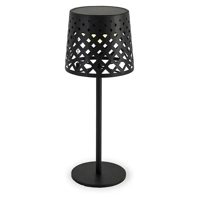 New Garden Lámpara de sobremesa solar Gretita - 1,5 W, Negro, Blanco cálido, IP44 - Elegante lámpara de mesa negra con una pantalla decorativa perforada que crea una luz ambiental.