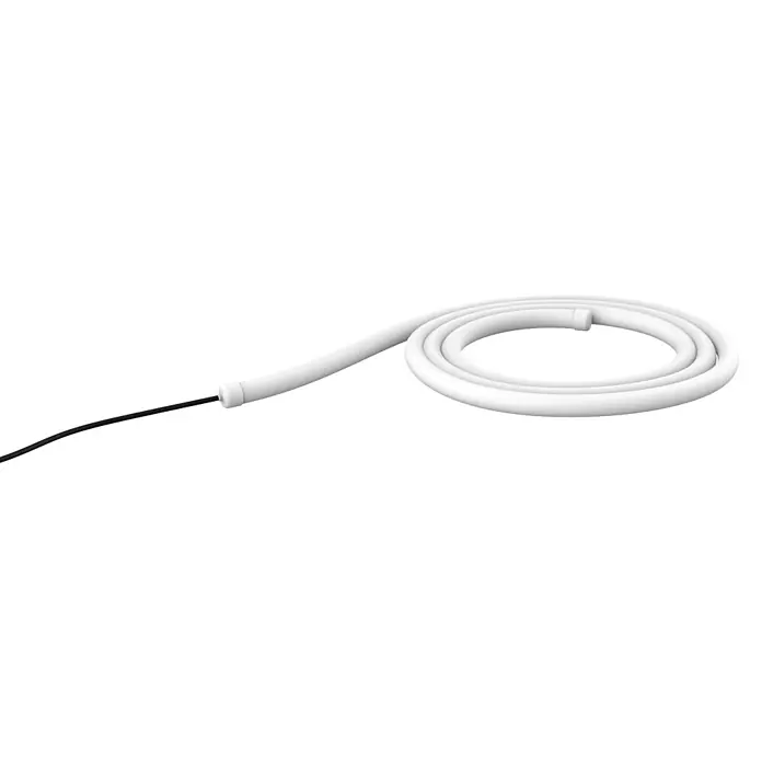New Garden LED-Lichtschlauch Neo - 36 W, Länge: 3 m, Warmweiß, 3.000 lm - Eine Nahaufnahme einer weißen LED-Lichterkette in einer kreisförmigen Form mit zwei Kabeln, die von der Seite abstehen.
