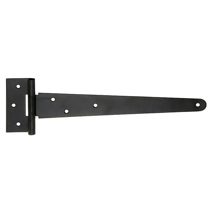 Stabilit Kreuzgehänge - L x B: 90 x 40 mm, Maße Band: 294 mm, Stahl, Schwarz - Nahaufnahme eines T-Bandes mit schwarzer Oberfläche und Schraubenlöchern, ein robustes und vielseitiges Beschlag für verschiedene Anwendungen.