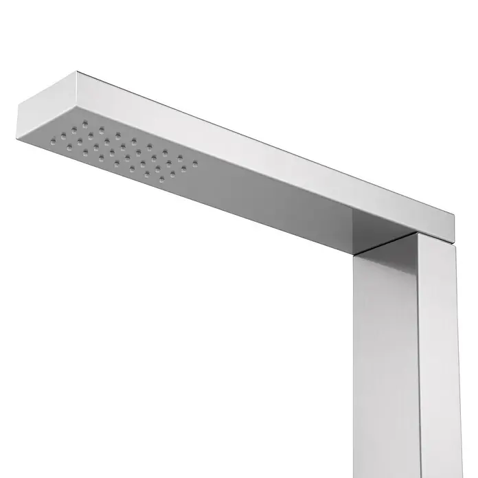 GardWell Pooldusche Ritual - Höhe: 210 cm, Edelstahl, Silber - Nahaufnahme eines modernen, quadratischen Duschkopfs mit Chromoberfläche, der sich ideal für stilvolle Badezimmer eignet.