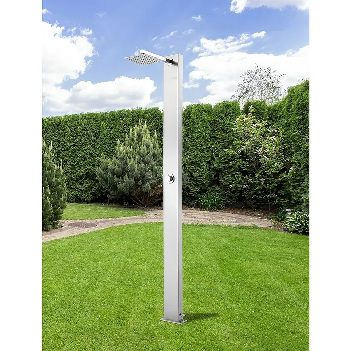 GardWell Pooldusche Motion - Höhe: 210 cm, Edelstahl, Silber - Außendusche aus Edelstahl im Garten. Die Duschsäule hat einen quadratischen Duschkopf und eine Armatur zur Steuerung des Wasserflusses.
