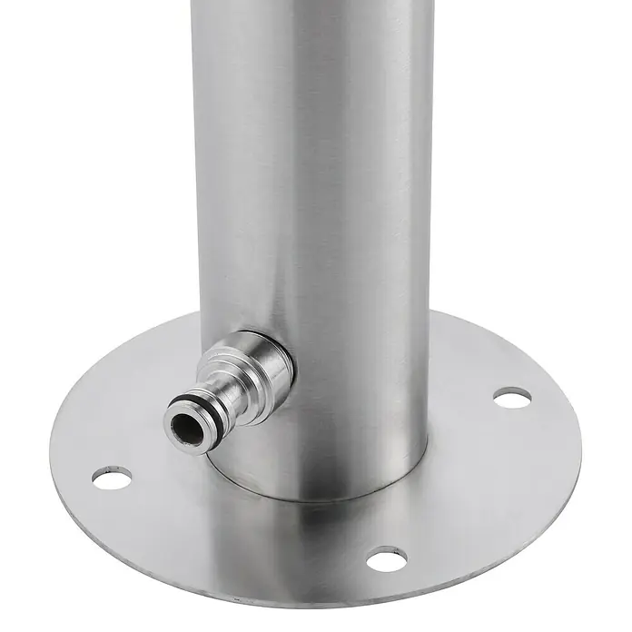 GardWell Wasserzapfstelle Comfort Style - Silber, Höhe: 93 cm, Edelstahl - Detailaufnahme eines silbernen Zapfhahns aus Edelstahl mit Montageplatte und Anschlussstück. Ideal für den professionellen Einsatz.