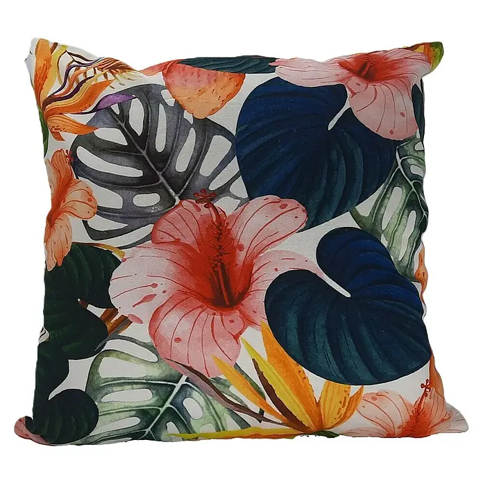 Kissen Arcos - Bunt, 45 x 45 cm, 100 % Baumwolle - Dekokissen mit einem tropischen Blumenmuster. Das Kissen ist quadratisch und mit Hibiskusblüten und Monstera-Blättern verziert.