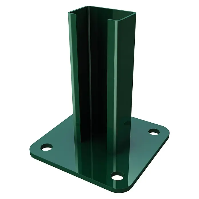 Base para poste Hércules - Acero, Verde, Específico para: Postes Hércules / Paneles de malla Eco Plus - Soporte de poste de metal verde con una base cuadrada y cuatro agujeros para fijarlo a superficies.
