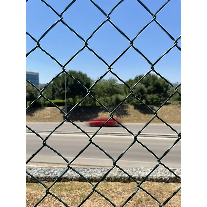 Malla metálica Simple Torsión - L x Al: 25 x 1 m, Espesor de material: 2,4 mm, Alambre de acero, Verde oscuro - Vista a través de una valla de tela metálica verde de una carretera con un coche rojo que pasa.