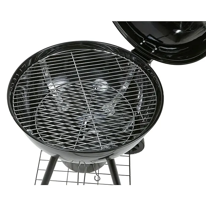 Kingstone Barbacoa redonda con tapa Sunset - Diámetro de la superficie de la parrilla: 55 cm, Negro - Primer plano de una parrilla de carbón redonda negra con la tapa abierta, que revela la parrilla interior.