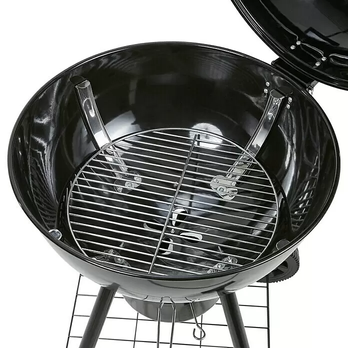 Kingstone Barbacoa redonda con tapa Sunset - Diámetro de la superficie de la parrilla: 55 cm, Negro - Barbacoa de carbón negra con rejilla de cocción y rejilla de carbón cromadas.