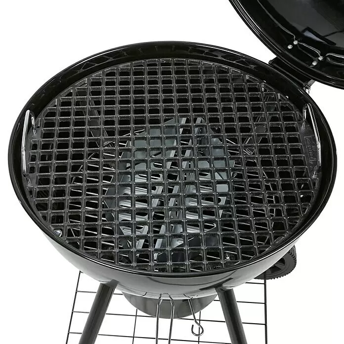 Kingstone Barbacoa redonda con tapa Sunset - Diámetro de la superficie de la parrilla: 55 cm, Negro - Barbacoa redonda de carbón negra con tapa abierta, rejilla cuadrada y ruedas resistentes.