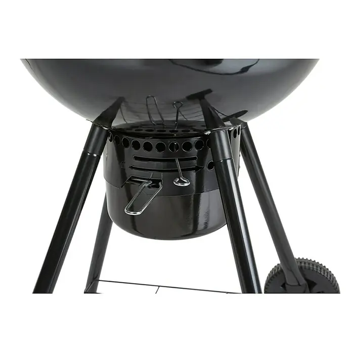 Kingstone Barbacoa redonda con tapa Sunset - Diámetro de la superficie de la parrilla: 55 cm, Negro - Primer plano de una barbacoa redonda de carbón negro, mostrando sus orificios de ventilación y asa para el control de temperatura.