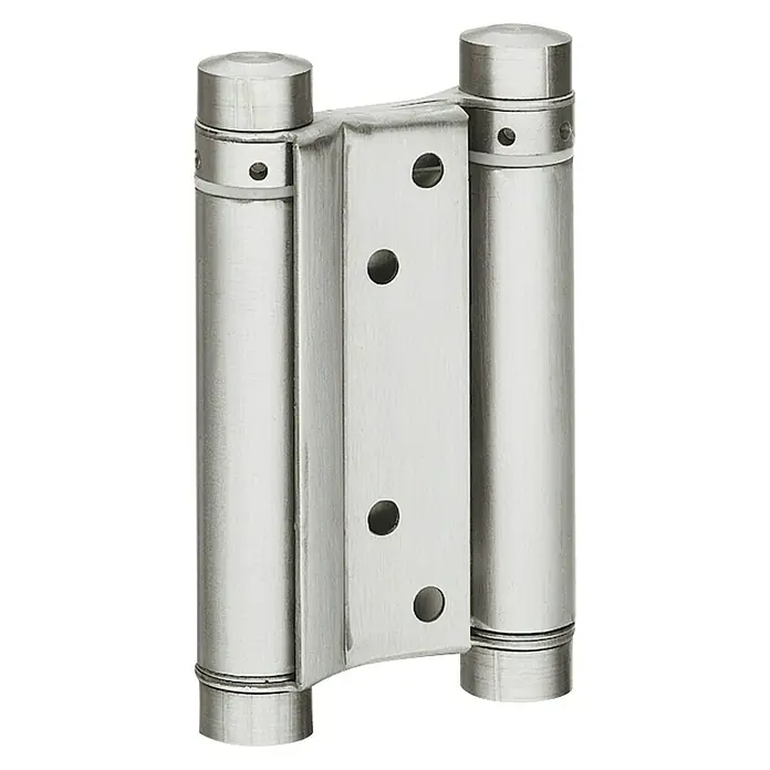 Suki Herraje para puerta basculante - Altura: 100 mm - Primer plano de una bisagra de doble acción de níquel cepillado con muelles cilíndricos y orificios para tornillos.