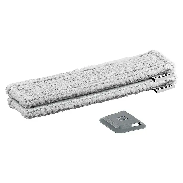 Kärcher Mikrofasertuch-Set - Passend für: Kärcher Sprühflaschen WV Set Extra, 2 Stk. - Zwei weiße Kärcher Bodenwischtücher aus Mikrofaser mit Etikett und eine Befestigungsplatte für den Kärcher Wischmopp.