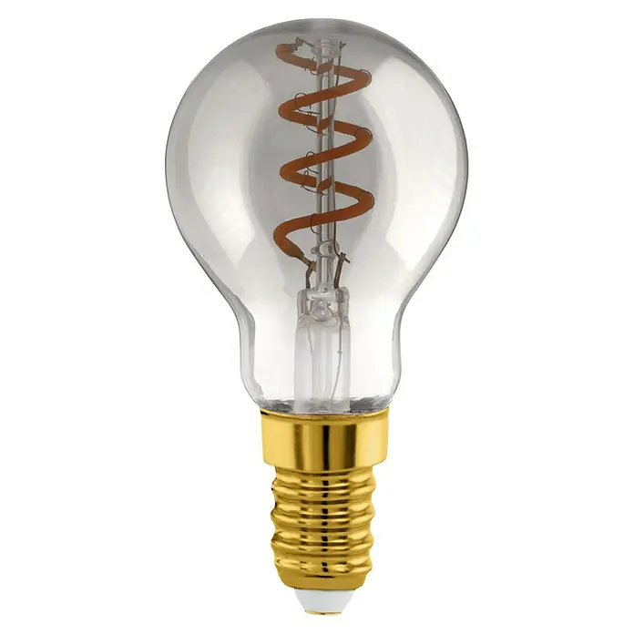 Eglo Bombilla LED - E14, Intensidad regulable, 100 lm, 4 W - Primer plano de una bombilla LED transparente con base dorada y filamento en espiral, que emite un brillo cálido y acogedor.