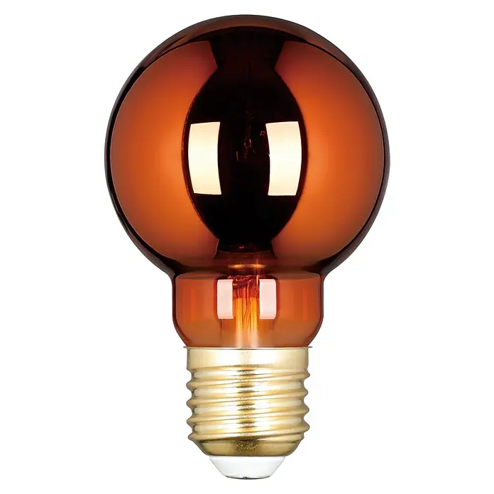 Eglo Bombilla LED Cobre - E27, Intensidad regulable, Blanco cálido, 30 lm, 5 W - Primer plano de una bombilla LED decorativa con vidrio de color naranja cálido y una base dorada, sobre un fondo negro.