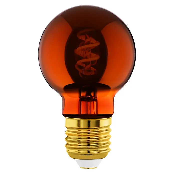 Eglo Bombilla LED Cobre - E27, Intensidad regulable, Blanco cálido, 30 lm, 5 W - Primer plano de una bombilla LED decorativa de color ámbar con un filamento en espiral y una base dorada.