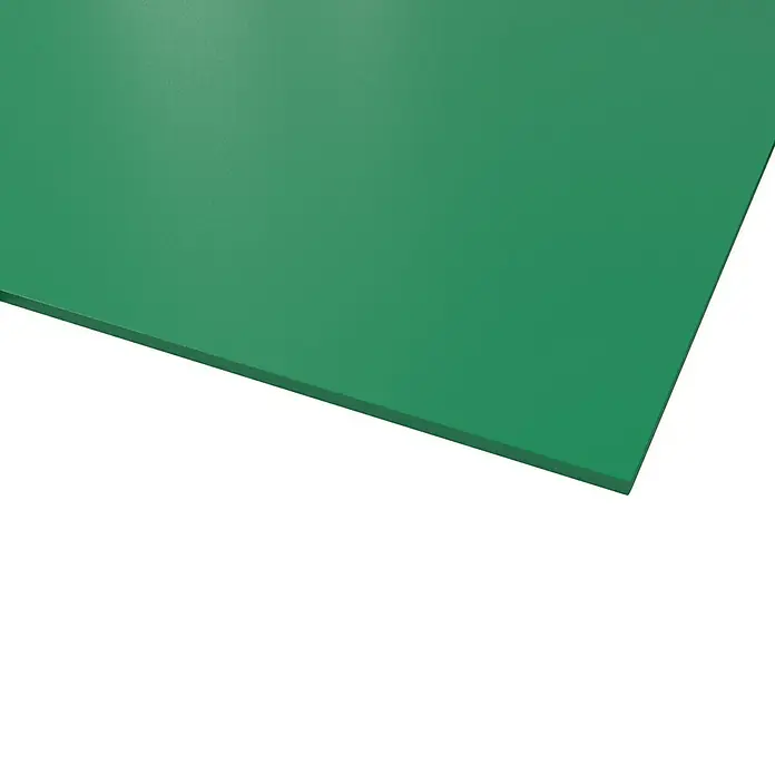 Hartschaumplatte Protex - Grün, 50 cm x 50 cm x 3 mm, PVC - Nahaufnahme einer grünen Kunststoffplatte mit glatter Oberfläche, ideal für Bastelprojekte und als vielseitiger Werkstoff.