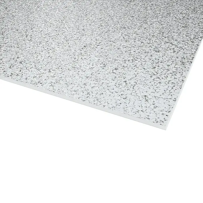 Kunstglas Türfüllung - 142 cm x 53,5 cm x 5 mm, Eiskristall, Polystyrol - Nahaufnahme einer strukturierten, transparenten Glasplatte mit feinen, unregelmäßigen Einschlüssen, ideal für Designelemente.