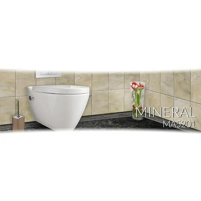 Temtasi Wand-Dusch-WC Mineral - Spülrandlos, Ohne Spezialglasur, Spülform: Tief, WC Abgang: Waagerecht, Weiß - Das Bild zeigt eine moderne, wandhängende Toilette der Marke Mineral MA5201 in einem stilvollen Badezimmer. Sanitäre Keramik mit edlem Design.