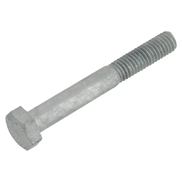 Suki Tornillo hexagonal roscado - Rosca: M 8, Largo: 50 mm, Zincado, Rosca parcial - Primer plano de un perno de cabeza hexagonal galvanizado con rosca, sobre un fondo negro. Ideal para proyectos de bricolaje y uso profesional.