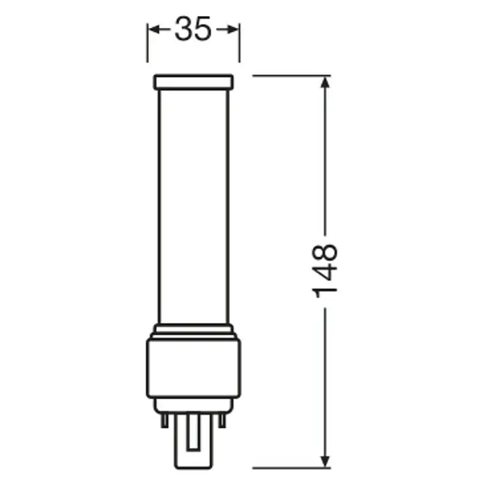 Osram Dulux D LED-Röhre - 6 W, Warmweiß, 600 lm - Abbildung einer Kompaktleuchtstofflampe mit den Maßen 35 mm Breite und 148 mm Höhe, technische Zeichnung zur Produktbeschreibung.