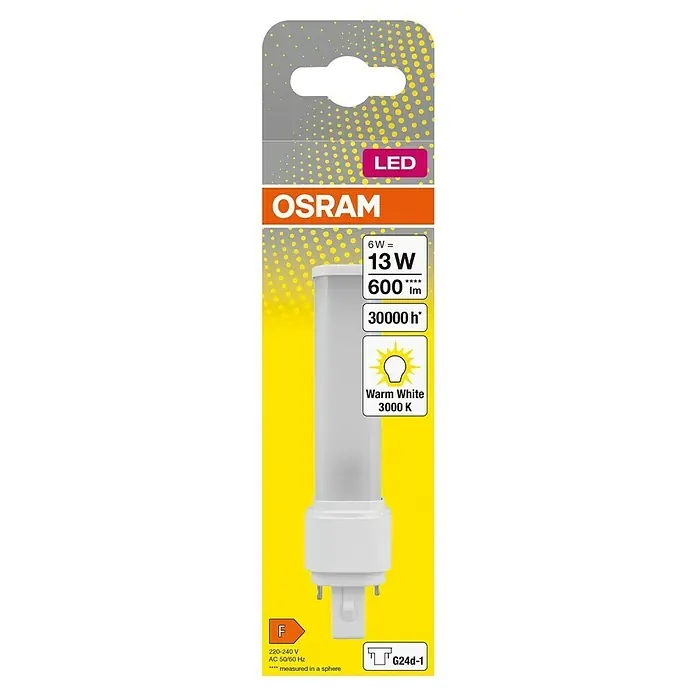 Osram Dulux D LED-Röhre - 6 W, Warmweiß, 600 lm - Nahaufnahme der Verpackung einer OSRAM LED-Lampe, die eine Energieeffizienz von 6W bietet und warmweißes Licht mit 3000K erzeugt.